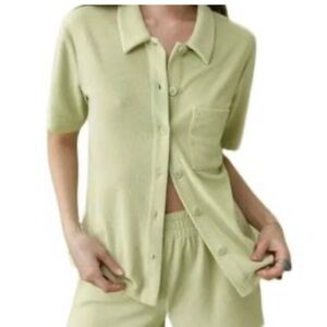 REFORMATION Fuji Button up Green Terry Shirt Short Sleeve Patch Pocket SZ Small